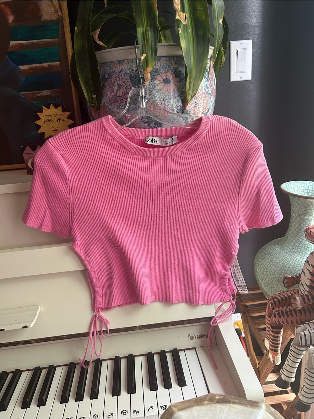 ZARA Hot Pink Ribbed Drawstring Crop Top Short Sleeve Y2K Women’s Small Tee - Picture 9 of 16